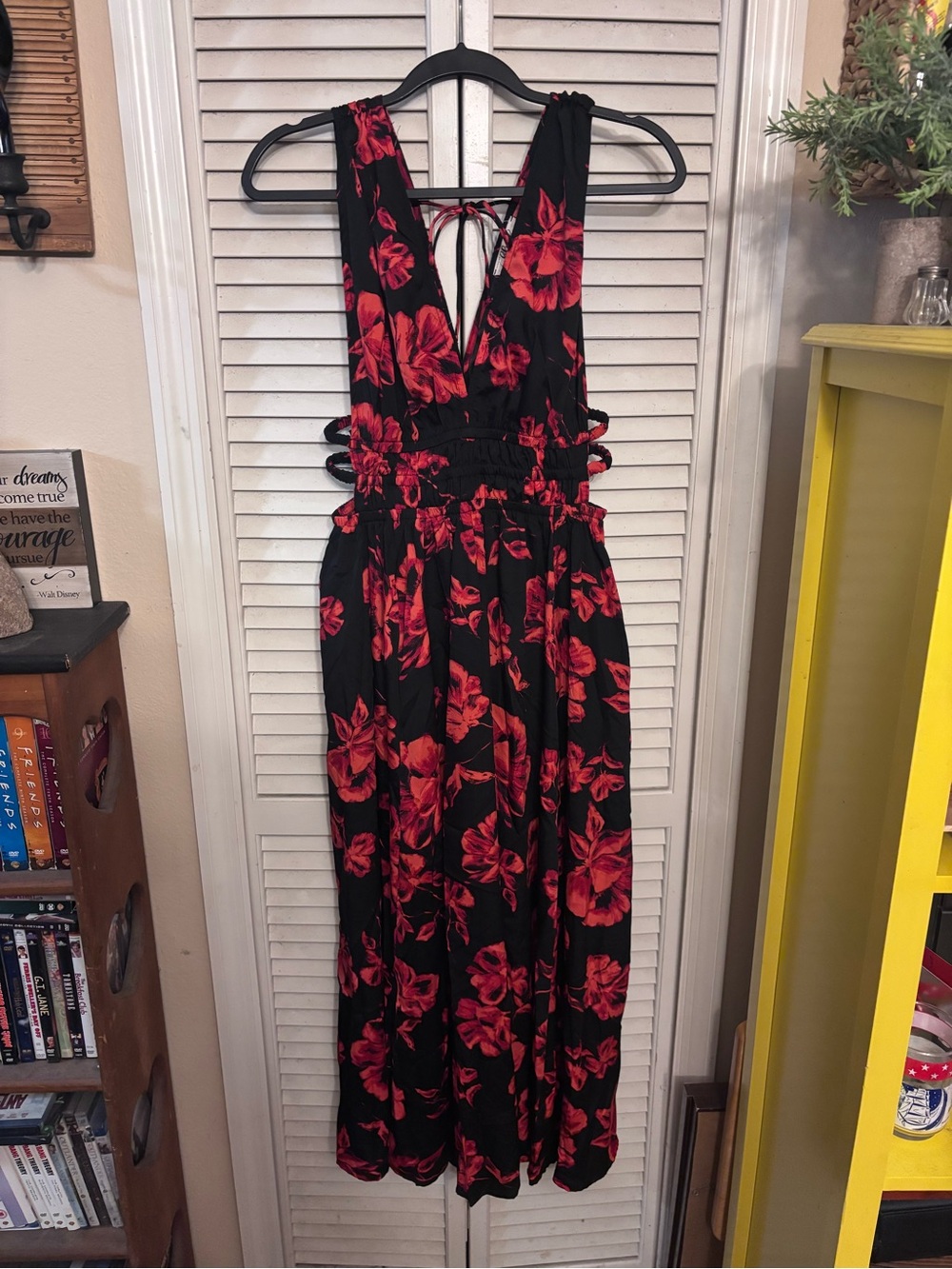 Blush Black Maxi Dress with Red Floral Print